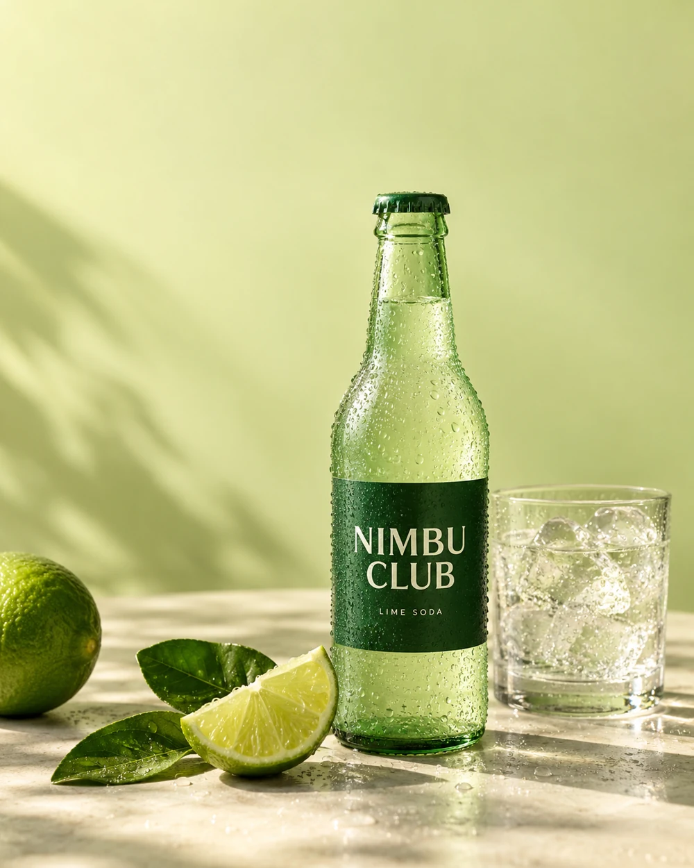 Concept product photography for Nimbu Club lime soda, with a green bottle, ice and fresh lime.
