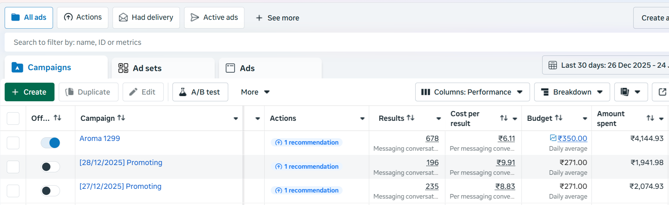 Aroma Wellness Spa Meta Ads Manager report showing three campaigns with 678, 196 and 235 messaging conversations