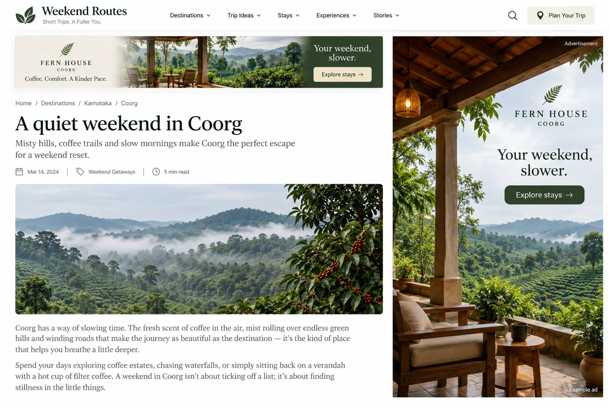 Fictional hotel display ads shown beside a travel article.