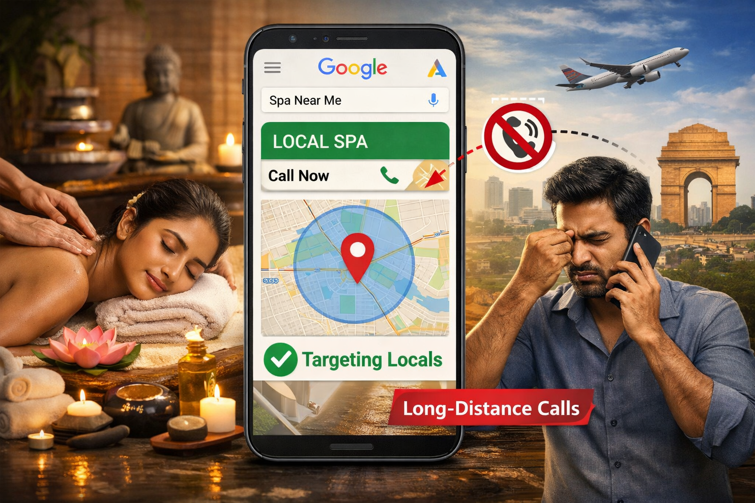 Illustration showing the problem of long distance calls draining spa Google Ads budgets