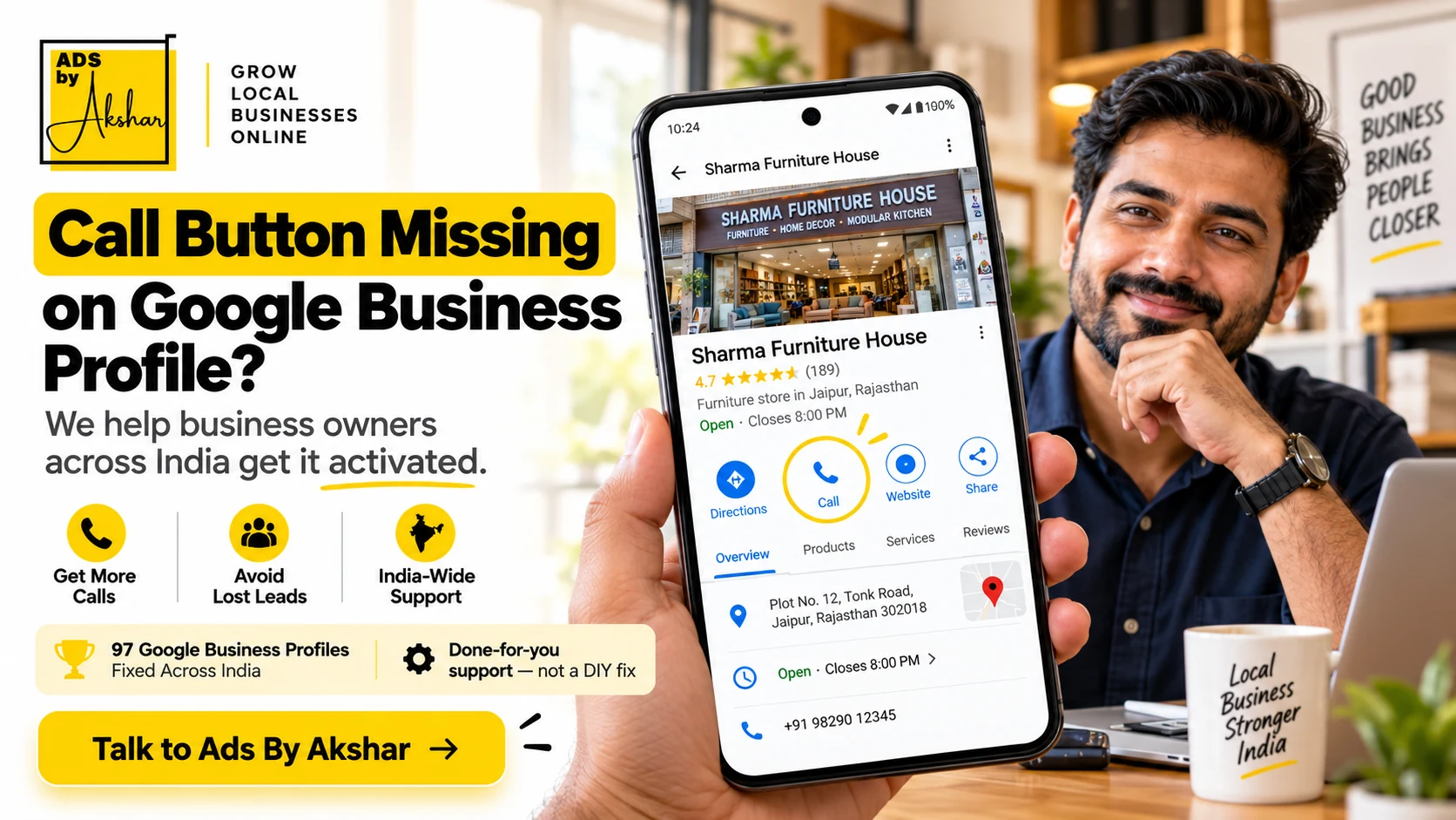 Ads By Akshar artwork about missing Google Business Profile call buttons and done-for-you support across India