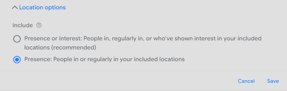 Screenshot of Google Ads Location options showing the Presence targeting setting for spa campaigns