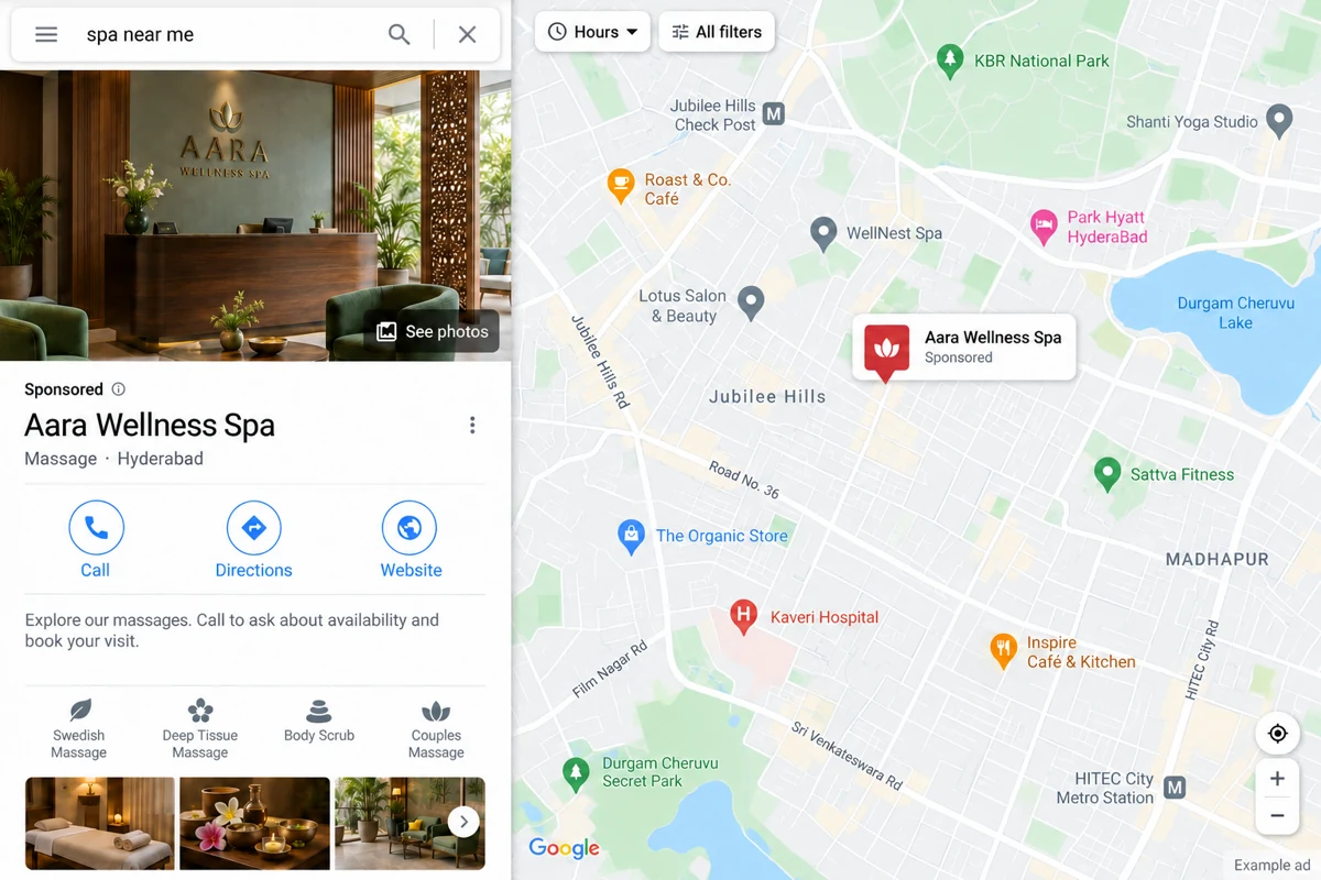 Fictional spa shown in a Maps ad with Call, Directions and Website actions. Map is illustrative.
