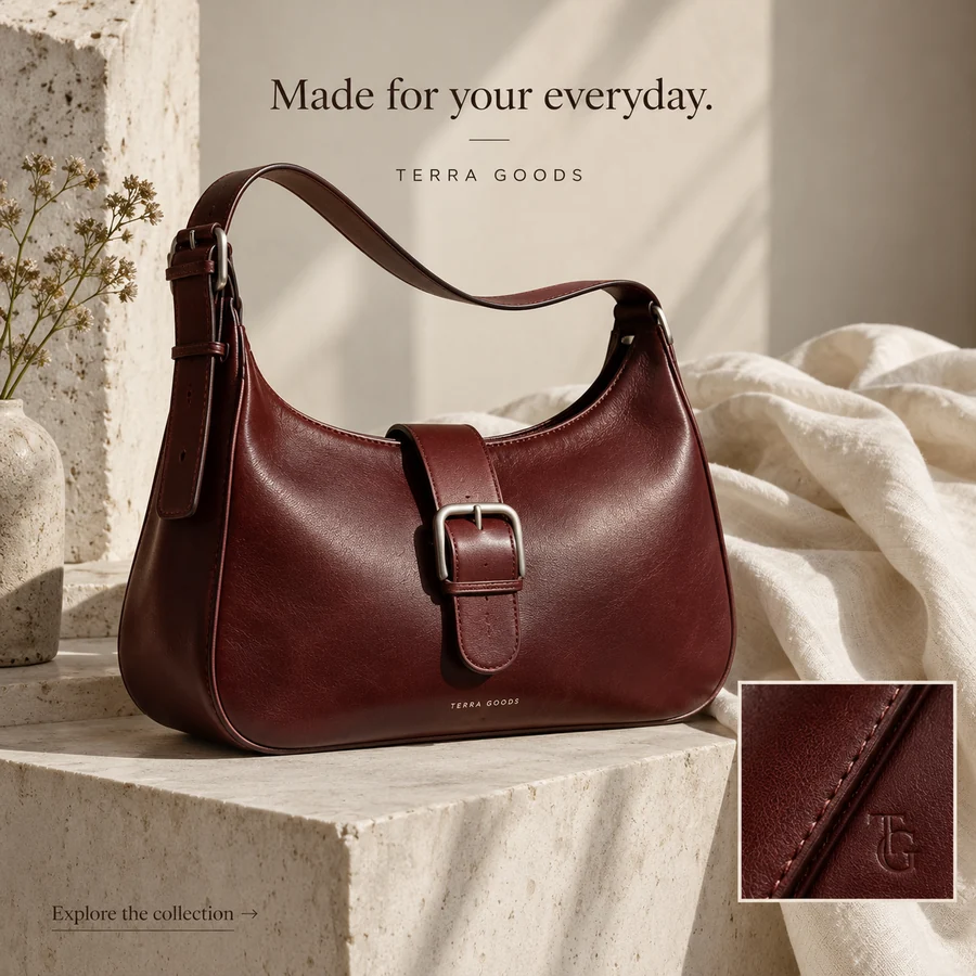 Fictional Terra Goods leather bag advertisement with the headline Made for your everyday.