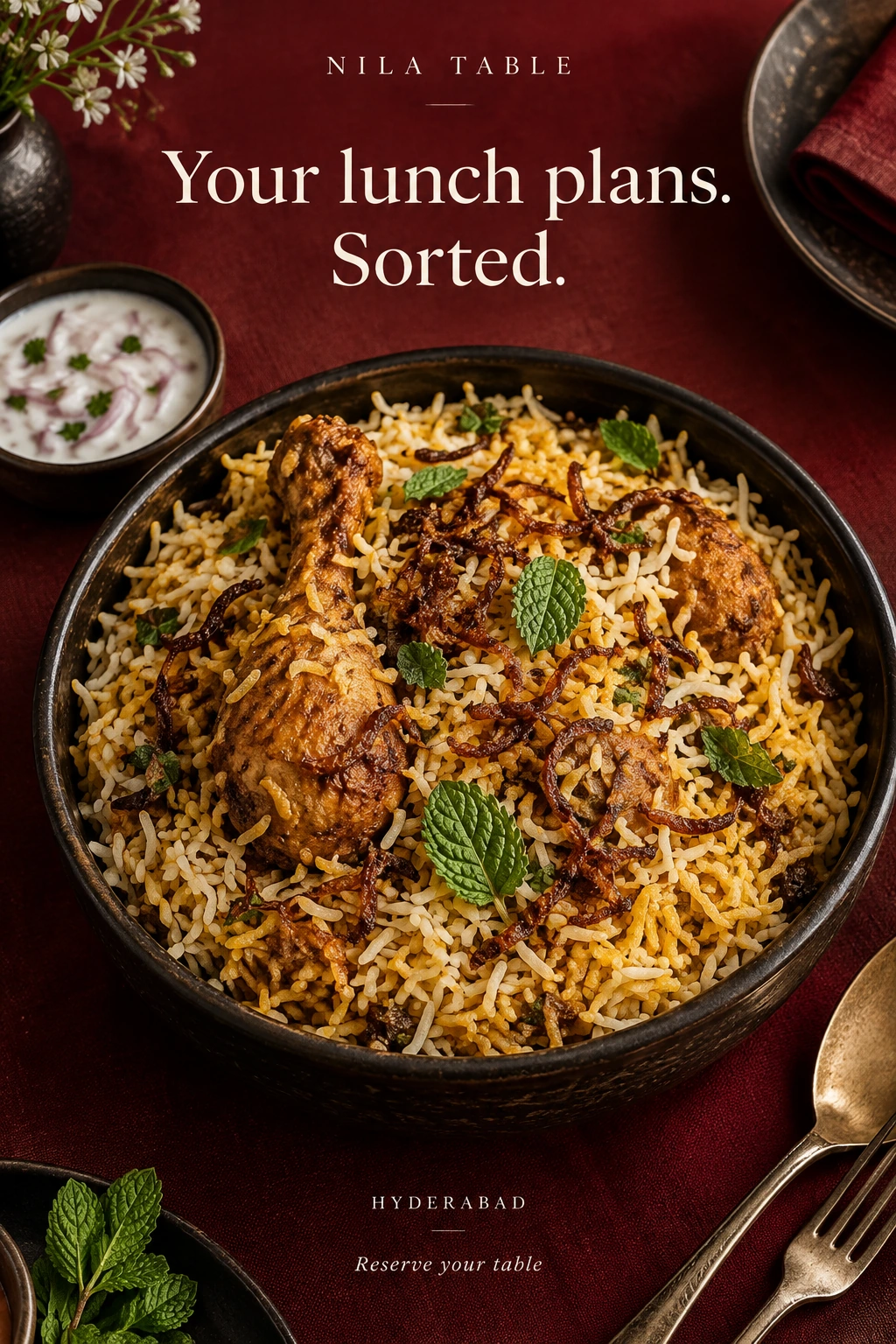 Fictional Nila Table restaurant ad with biryani and the headline Your lunch plans. Sorted.