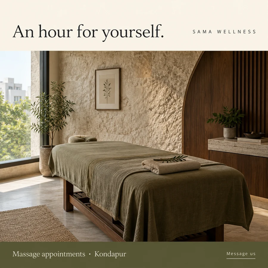 Fictional Sama Wellness massage ad showing a calm spa room in Kondapur