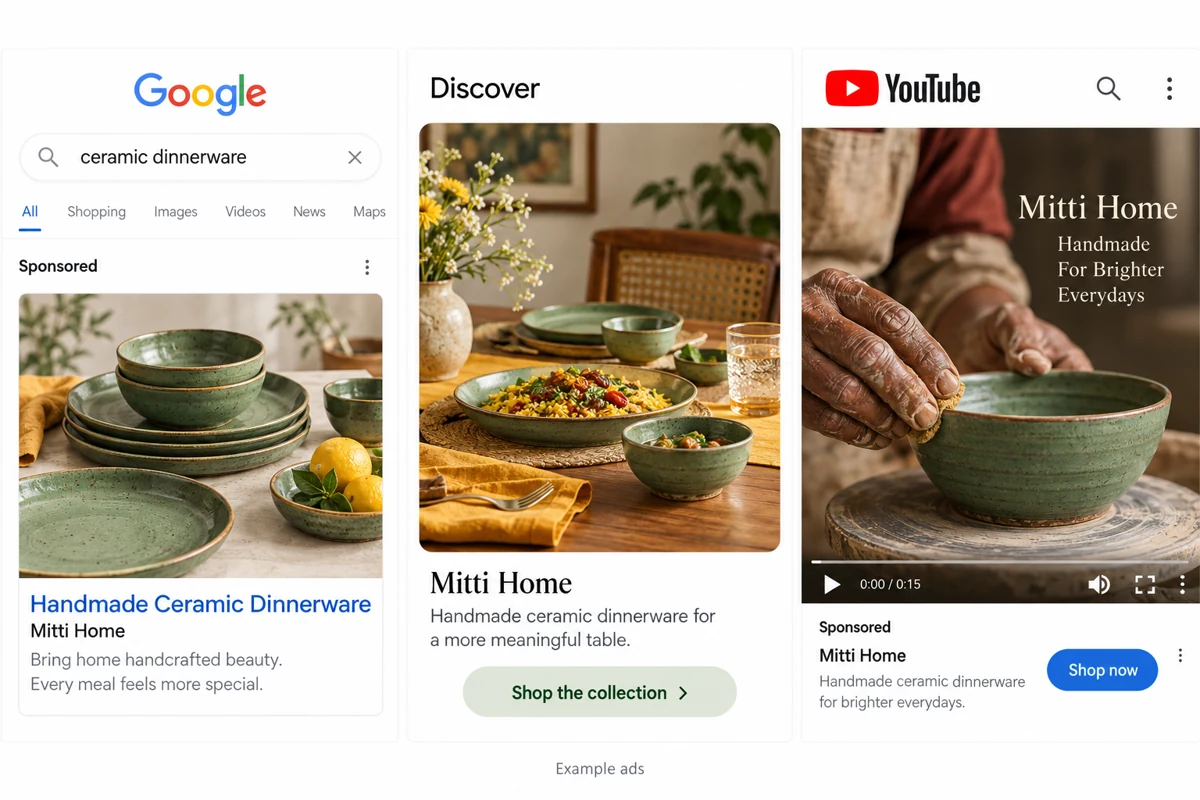 Fictional homeware campaign illustrated across Search, Discover and YouTube placements.