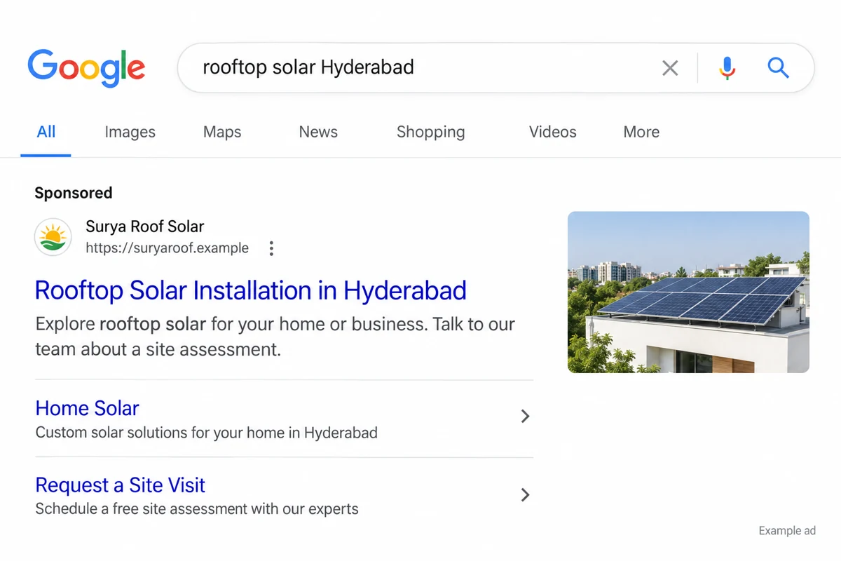 Fictional solar business shown in a Google Search ad with headline, image and sitelinks.
