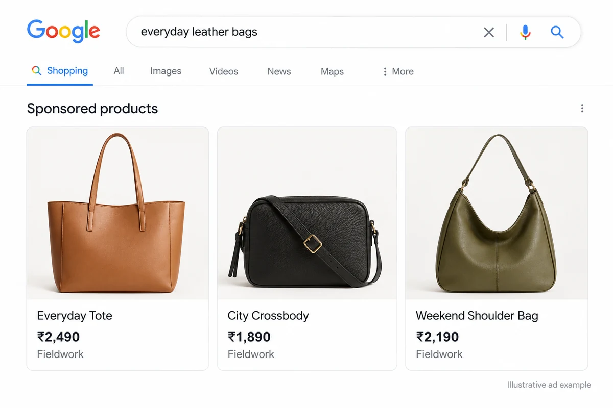 Illustrative Shopping ads with leather bags, product names and sample prices.