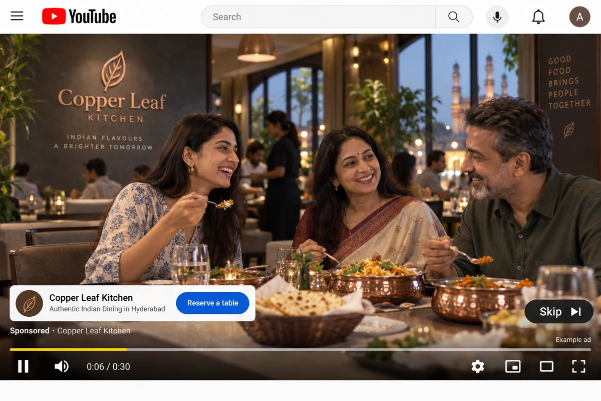 Fictional restaurant video ad with an Indian family, reservation button and Skip control.